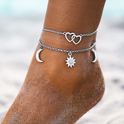 Bracelets de cheville à deux couches avec coeur lune et soleil - Bracelet