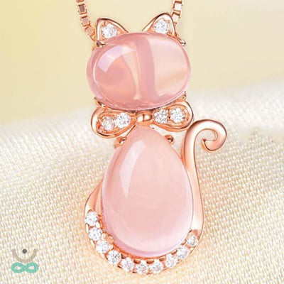 Collar de plata con gato de cuarzo rosa - Collar
