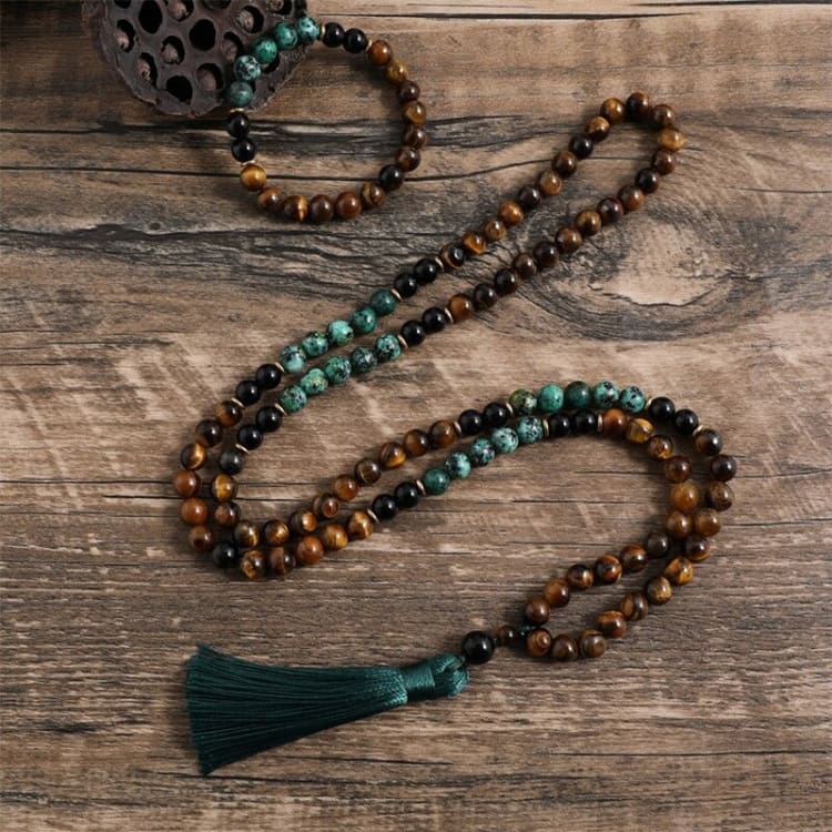 Parure collier et bracelet en oeil de tigre et turquoise africaine